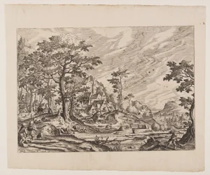 View of a Village, a Man Carrying a Wheelbarrow, plate 8 from Landscapes with Views of Villages