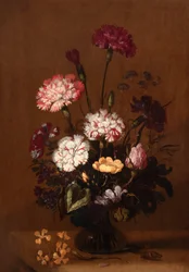 A Still Life of Carnations, Roses and Cyclamen in a Glass Vase on a Stone Ledge with a Grasshopper
