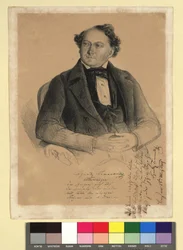 Ignaz Tomaselli, actor and singer (1812-1862). With facsimile signature and four-line poem “World Stage”. On the right, a four-line poem as a dedication by Ignatz Tomaselli to (?) Linz, 28 March 1849. Ignatz Tomaselli/World Stage:/The curtain goes a