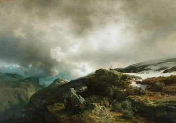 High Mountain Landscape with Reindeer Hunters