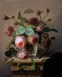 Still Life of Pink Roses in a Glass Vase