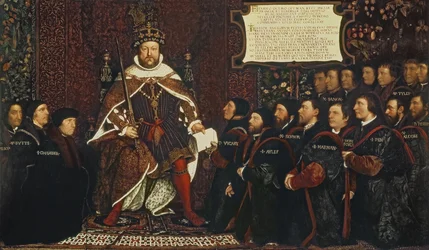 Henry VIII handing over a charter to Thomas Vicary, commemorating the joining of the Barbers and Surgeons Guilds, 1541