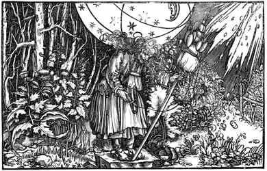 Old woman witch or fairy spinning, 1547