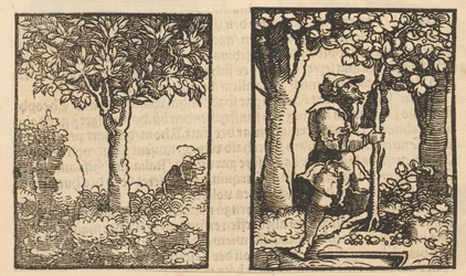 Tree and Depiction of a Fruit Picker Among Trees