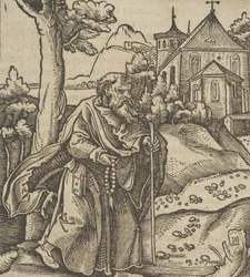 An Old Pilgrim Walking to the Right, from Hymmelwagen auff dem, wer wol lebt...