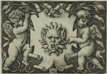 Ornament with a Mask Held by Two Genii
