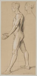 Nude of a walking man in profile, with a repetition of his head in the upper right corner