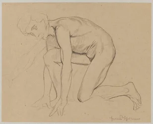 Nude of a Mustached Man Kneeling, Shown in Profile