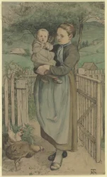 Peasant Girl Holding a Child, Standing by a Wooden Fence