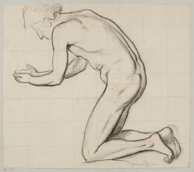Nude Young Man Kneeling by a Spring and Scooping Water into His Hands