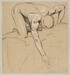 Nude Young Man Leaning over a Spring, Drawing Water with His Right Hand
