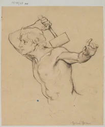 Study of a Naked Man, Shown to the Waist, Raising a Hammer