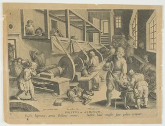 Politura Armorum, Polishing Arms, Plate 17 from the Series Nova Reperta, Modern Discoveries, c.1588