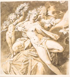Mars Caressing Venus; an Amorin Offering a Wreath to Her