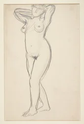 Standing female model with hands behind neck