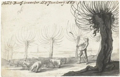 Shepherd with staff, standing next to sheep and willows
