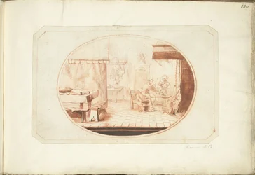 Kitchen Interior with Two Women and a Cat, in Oval