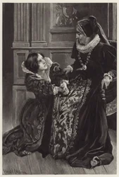 Helena on her knees now owned her love, and with shame and terror implored the pardon of her noble mistress