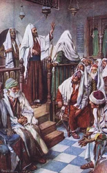 St Paul preaching in the synagogue at Antioch, illustration from Harold Copping Pictures: The Crown Series