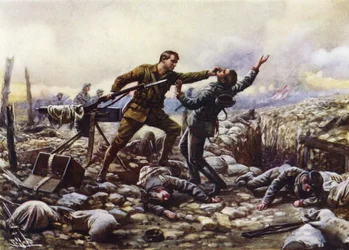 Private J Boyd, of the Irish Guards, capturing a German machine-gun single-handed, World War I