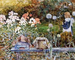 Near Exeter. A little girl crosses a flower garden with a cat in her arms. Painting by Harold Sutton Palmer (1854-1933 British) Private collection