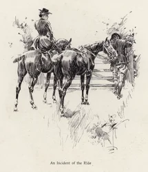 Horse riders pausing to open a gate