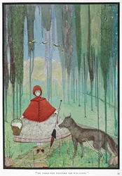 He asked her whither she was going. Red Riding Hood meets the wolf, in a forest.