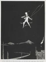 Little thumb was as good as his word, and returned that same night with the news. A messenger flying through the night sky. Illustration for the story, 