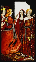 Queens whose finger once did stir men. Queens, nine glass panels acided, stained and painted, Illustrating J.M. Synge