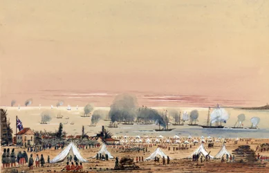The Landing at Kinburn (Ukraine, Russia) in October 1855, a British Army Camp on the Shore, with the Fleet Anchored Offshore Including the HMS Tribune