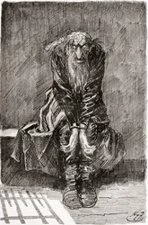 Fagin in the Condemned Cell. " He sat down on a stone bench opposite the door, which served for a seat and bedstead, and casting his bloodshot eyes upon the ground, tried to collect his thoughts. " Illustration by Harry Furniss for the Charles Dickens nove
