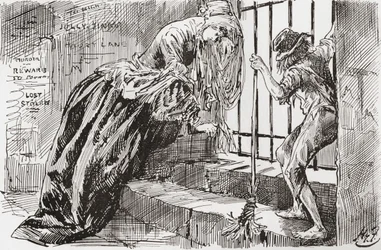 Lady Dedlock and Jo. "He was put there," says Jo, holding to the bars and looking in, while Lady Dedlock shrinks into a corner. Illustration by Harry Furniss for the Charles Dickens novel Bleak House, from The Testimonial Edition, published 1910