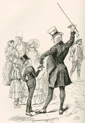 Mr. Micawber Takes David Home. "We walked to our house together, Mr. Micawber impressing the names of streets, and the shapes of corner houses upon me, as we went along." Illustration by Harry Furniss for the Charles Dickens novel David Copperfield