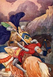 King Arthur stabbing his enemy through the breast