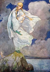 She had taken the baby onto a big grey rock