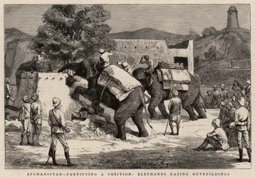 Afghanistan, fortifying a Position, Elephants razing Outbuildings