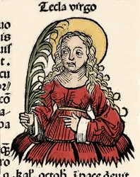 Representation of the Virgin and Martyrdom of Thecla of Iconium (Santa Tecla) Xylography of 