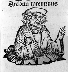 The Greek philosopher Archytas of Taranto (435-347 BC), Pythagorean philosopher, mathematician, astronomer. Xylography of 
