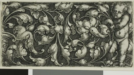 A Double Scroll of Leaf Ornament with a Putto Standing on the Right