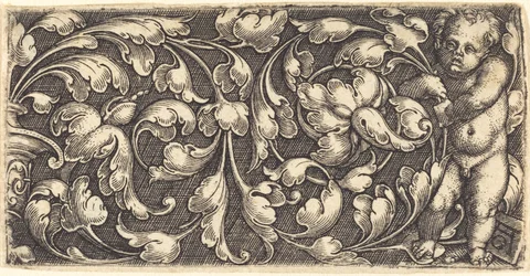 Naked Infant Holding a Double Scroll of Leafy Ornament