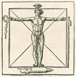 Man in a Square Surrounded by Symbols of the Eye, Snake, Seven Section Staff and Shield. Engraving from Heinrich Cornelius Agrippa von Nettesheim (1486-1535) De Occulta Philosophia Libri Tres