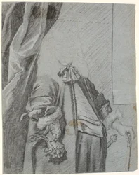 Study for a Male Portrait, 3/4 Figure, Right Hand Holding a Glove, Supported on the Side, Left Hand Supported on a Cane