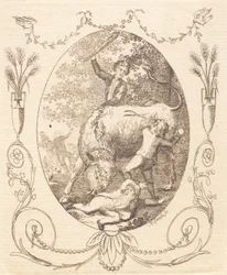 A Bull Charging at a Lying Boy, Helped by Two Companions