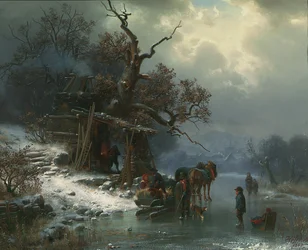 Winter landscape with figures on a frozen river