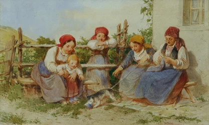 Women and Children with Playing Cat