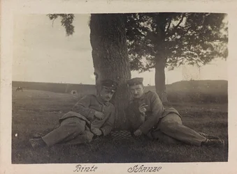 First World War: Ukraine in the years 1914-1916 during the invasion of the German army. Two soldiers in a moment of relax