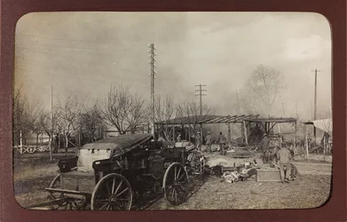 First World War: Ukraine in the years 1914-1916 during the invasion of the German army. Military on the site of a bombing (b/w photo)