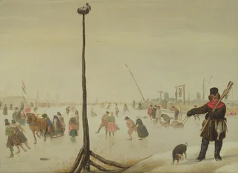 A duck hunter and his dog in a winter landscape (panel)