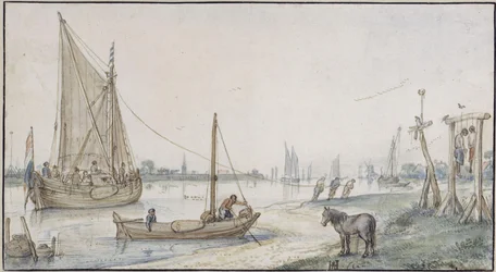 River Landscape, with a Towed Sailing Ship, in the Foreground at Right a Gallows with Two Hanged Men
