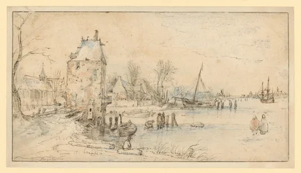 Village with Watchtower and Church on the Shore of a Lake